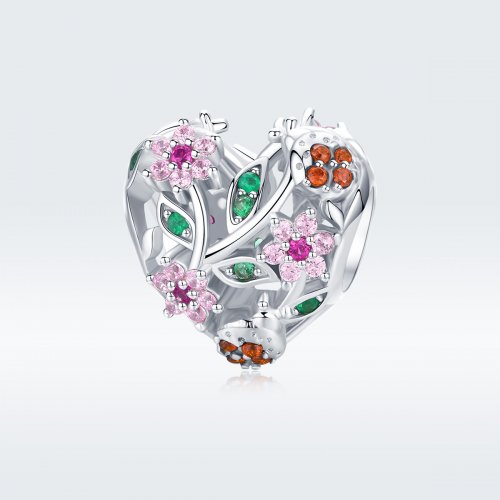 Charm de plata de estilo Pandora con mariquita y flores - BSC117 Charm de plata de estilo Pandora con mariquita y flores - BSC117