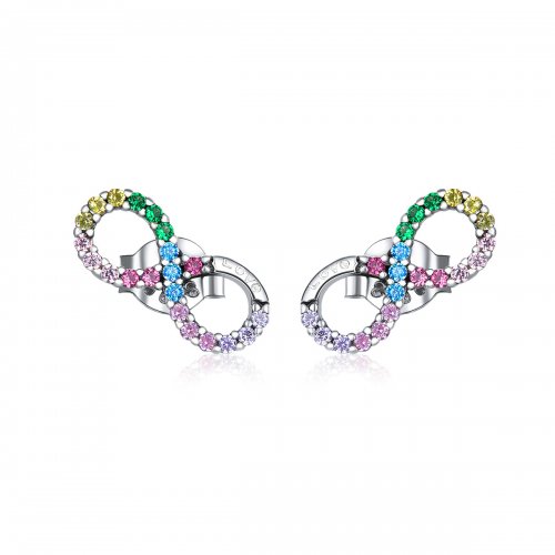 Pendientes de botón estilo Pandora plateados con símbolo colorido del infinito - SCE893