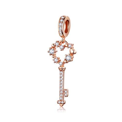 Pendiente estilo Pandora de oro rosa con colgante de llave brillante Luchy - SCC1122