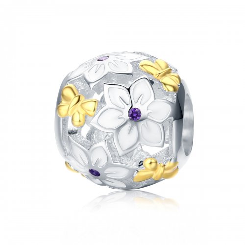 Charm estilo Pandora de dos tonos, con flores y mariposas - SCC546