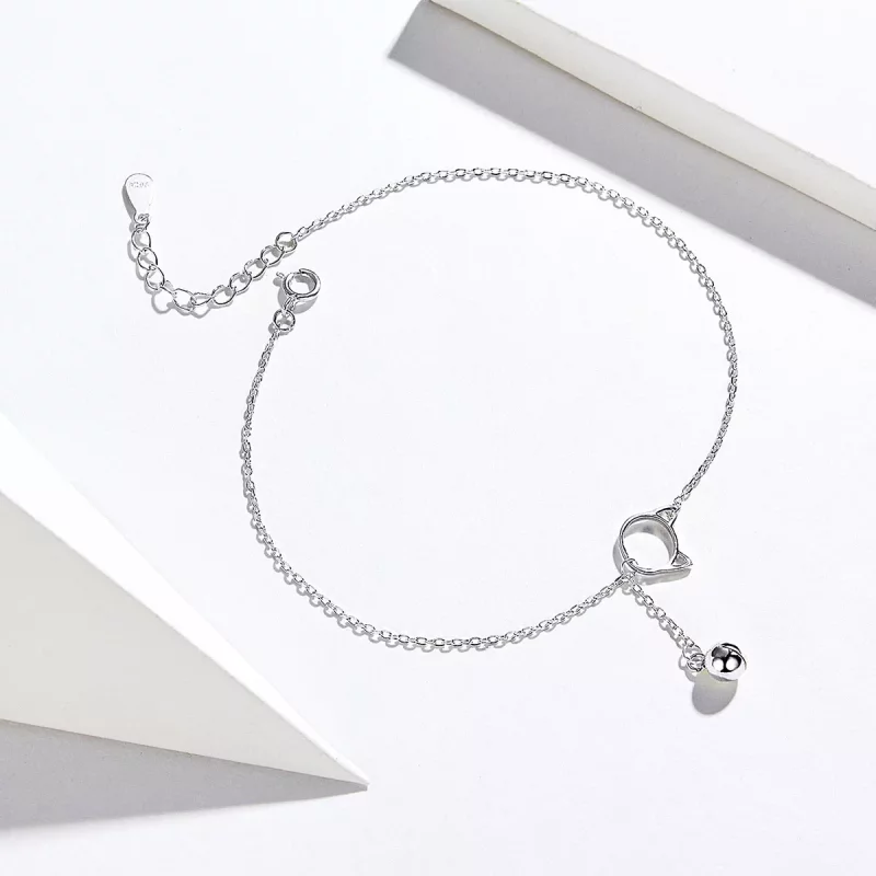 (imagen para) Pulsera de tobillo estilo Pandora de plata con lindo gatito y campana - SCT003 - Ver 2