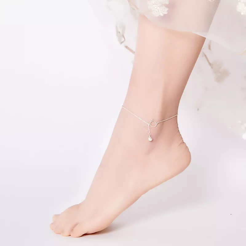 (imagen para) Pulsera de tobillo estilo Pandora de plata con lindo gatito y campana - SCT003 - Ver 3
