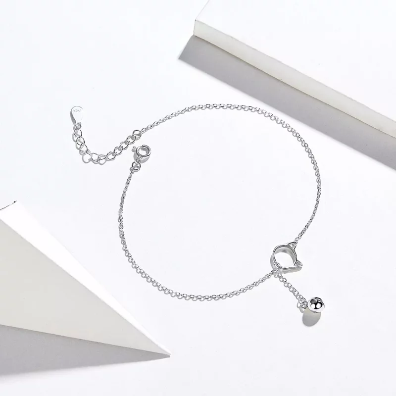 (imagen para) Pulsera de tobillo estilo Pandora de plata con lindo gatito y campana - SCT003 - Ver 4