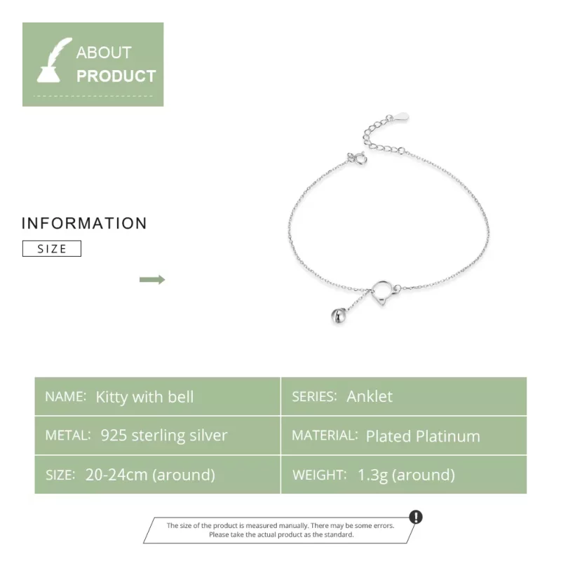 (imagen para) Pulsera de tobillo estilo Pandora de plata con lindo gatito y campana - SCT003 - Ver 5