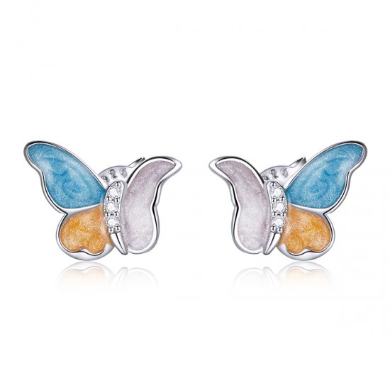 Pendientes de mariposa plateados estilo Pandora con tres colores - SCE1156 - Haga click en la imagen para cerrar