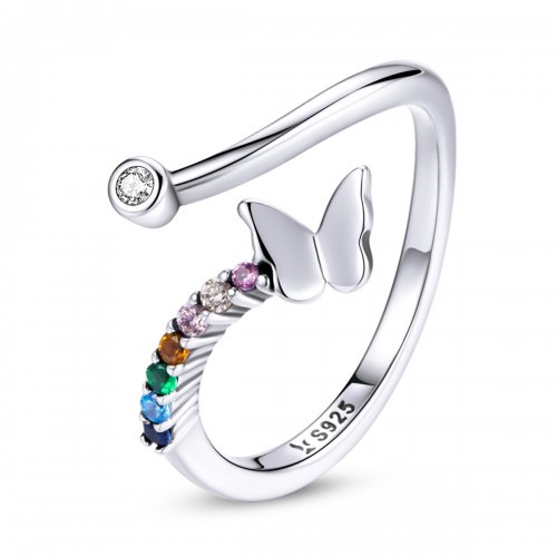 Anillo abierto estilo Pandora con mariposa arcoíris - SCR730