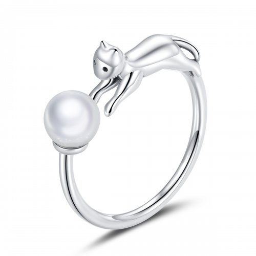 Anillo abierto estilo Pandora de plata con gato jugando con una bola - SCR6