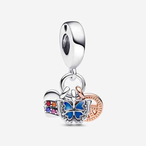 PANDORA Charm Colgante Triple Arcoíris en Dos Tonos, Mariposa y Paz - 7825
