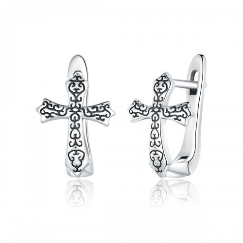 Pendientes de botón estilo Pandora en forma de cruz de vid plata - SCE943