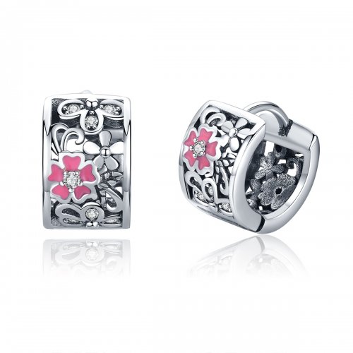 Pendientes de botón de estilo Pandora con flores de plata - SCE541
