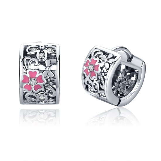 Pendientes de botón de estilo Pandora con flores de plata - SCE541 - Haga click en la imagen para cerrar