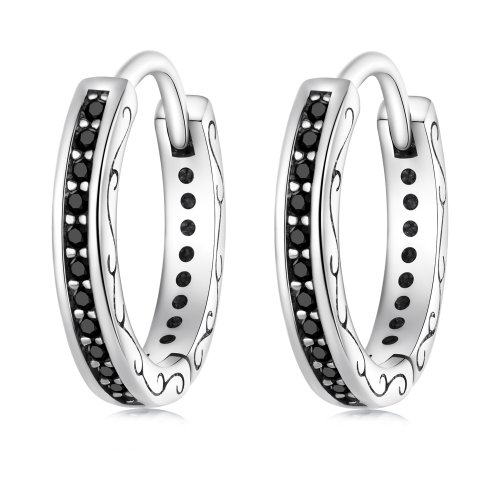 Aretes de Aro con Circonita Negra de Estilo Pandora - SCE1522