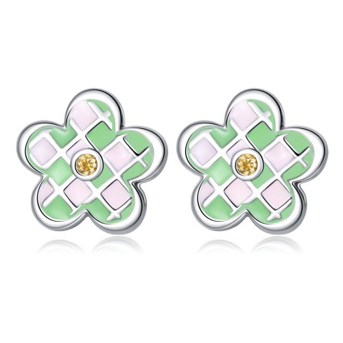 Pendientes de botón estilo Pandora con tablero de ajedrez de flores - SCE1387