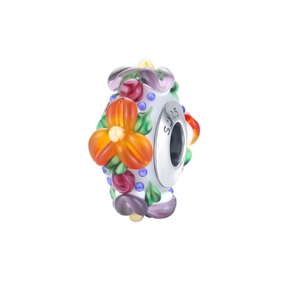 Charm espaciador de estilo Pandora en color plateado con flores coloridas - SCC1720 - Haga click en la imagen para cerrar
