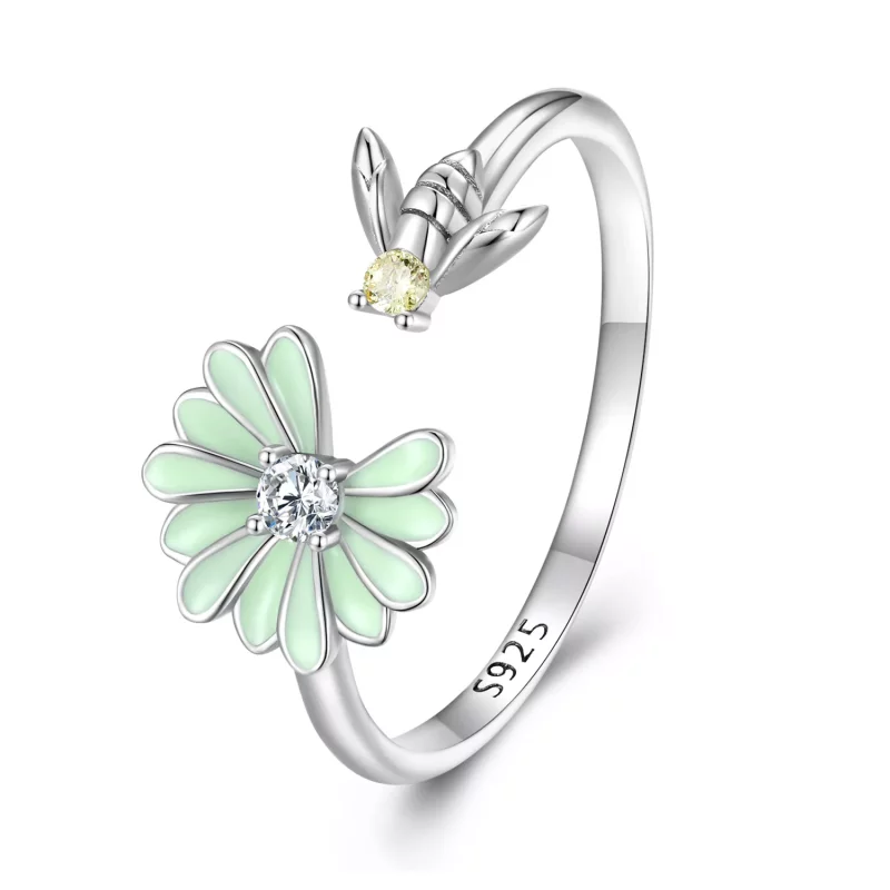 (imagen para) Anillo abierto con diseño de margarita y abeja estilo Pandora - SCR929
