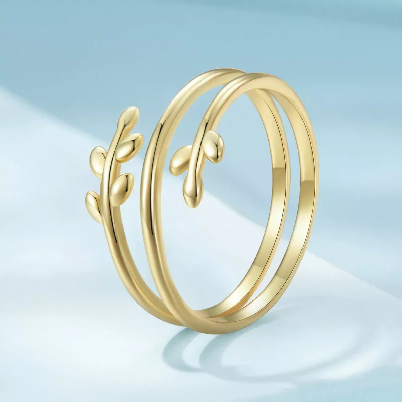 (imagen para) Anillo abierto estilo Pandora chapado en oro con círculos de hojas - SCR755-B - Ver 2