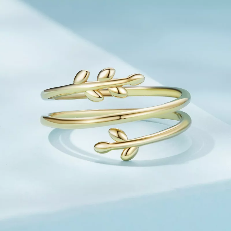 (imagen para) Anillo abierto estilo Pandora chapado en oro con círculos de hojas - SCR755-B - Ver 3