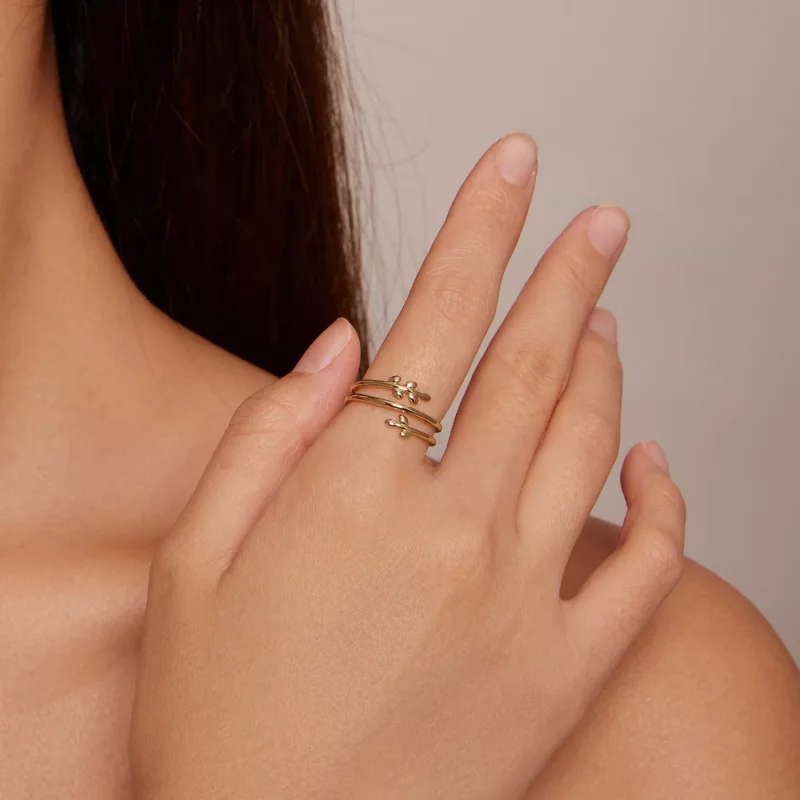 (imagen para) Anillo abierto estilo Pandora chapado en oro con círculos de hojas - SCR755-B - Ver 4