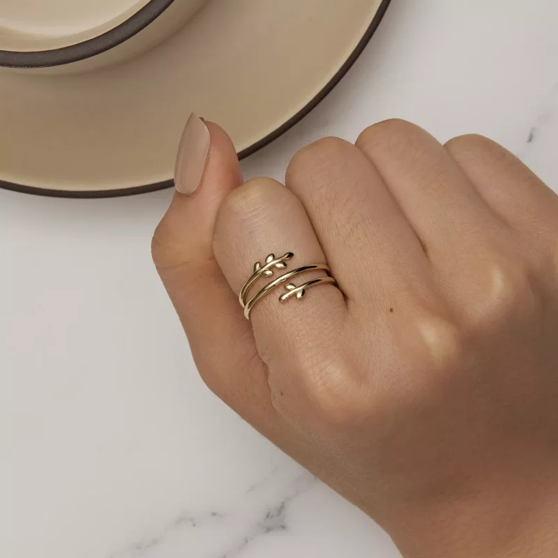 (imagen para) Anillo abierto estilo Pandora chapado en oro con círculos de hojas - SCR755-B - Ver 5