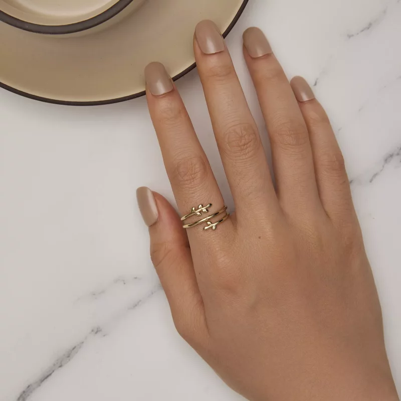 (imagen para) Anillo abierto estilo Pandora chapado en oro con círculos de hojas - SCR755-B - Ver 6