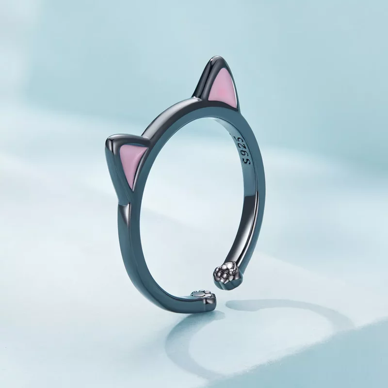 (imagen para) Anillo abierto estilo Pandora con orejas de gato negro - SCR922 - Ver 2