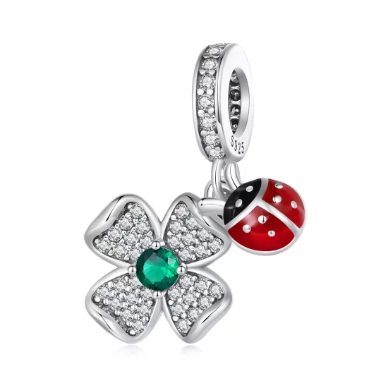 (imagen para) Pendiente encanto estilo Pandora con trébol de la suerte y mariquita - SCC2523