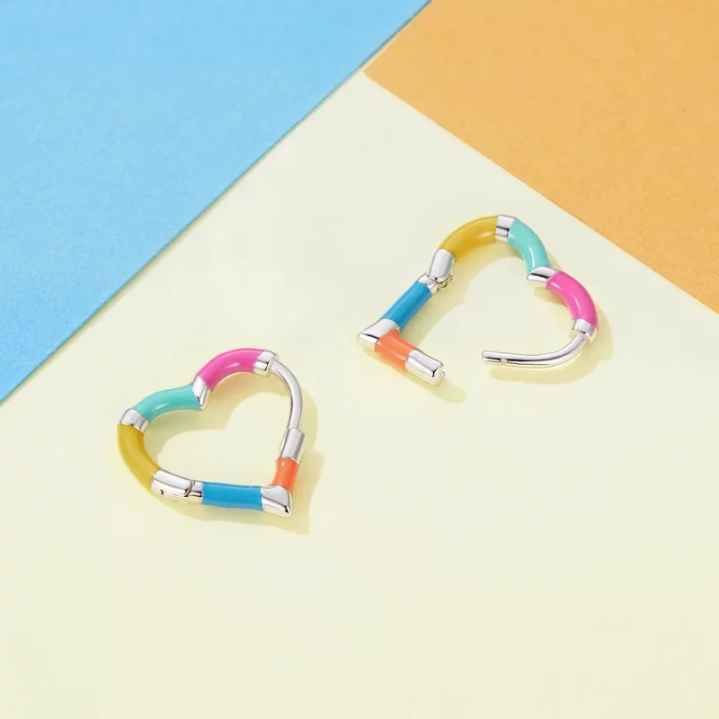 (imagen para) Pendientes de Aros con Corazón Arcoíris de Estilo Pandora - SCE1607 - Ver 4