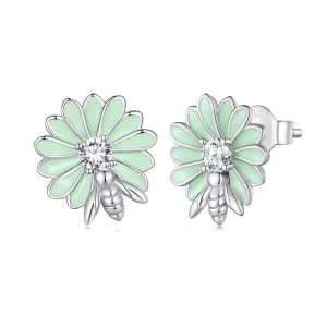 Pendientes de botón estilo Pandora con abeja y margarita - SCE1598 (imagen para) Pendientes de botón estilo Pandora con abeja y margarita - SCE1598
