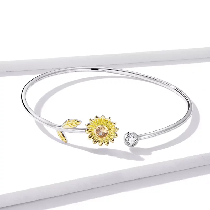 (imagen para) Pulsera abierta de margaritas frescas de dos tonos estilo Pandora - BSB045 - Ver 2
