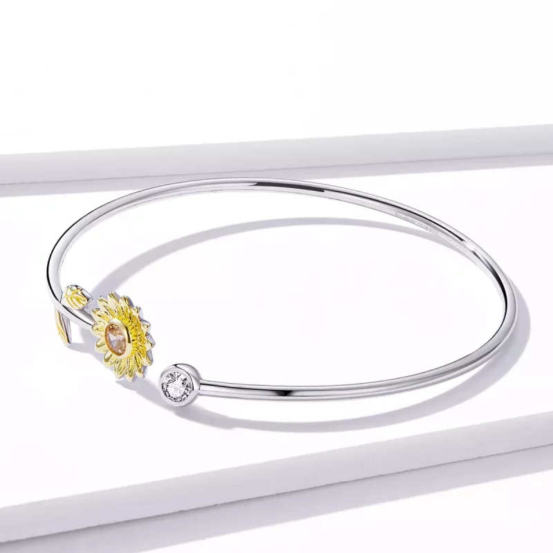 (imagen para) Pulsera abierta de margaritas frescas de dos tonos estilo Pandora - BSB045 - Ver 3