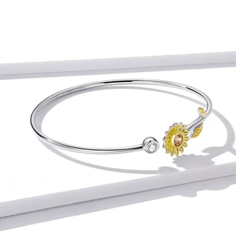 (imagen para) Pulsera abierta de margaritas frescas de dos tonos estilo Pandora - BSB045 - Ver 4