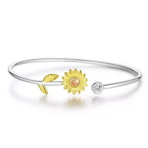 (imagen para) Pulsera abierta de margaritas frescas de dos tonos estilo Pandora - BSB045