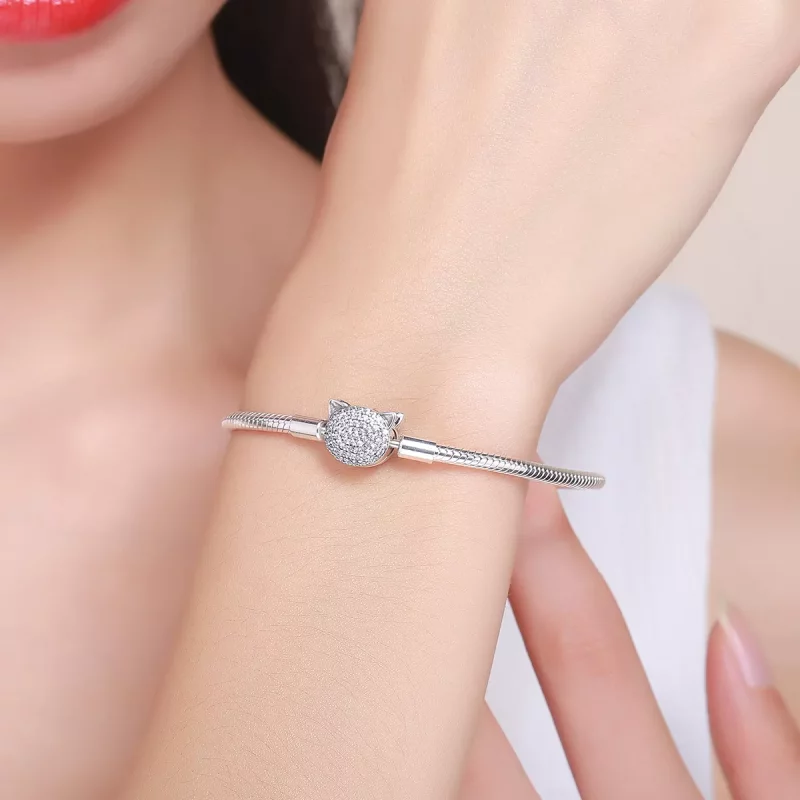 (imagen para) Pulsera de cadena de gato adorable estilo Pandora en plata - SCB053 - Ver 2