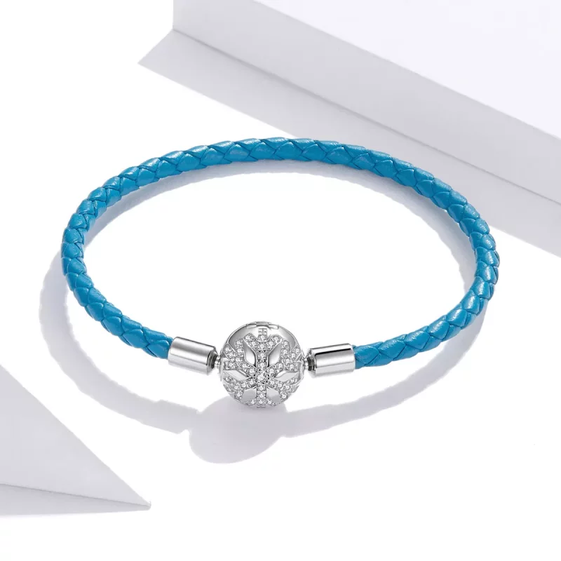 (imagen para) Pulsera de cuero estilo Pandora con copo de nieve de plata - SCB196 - Ver 4