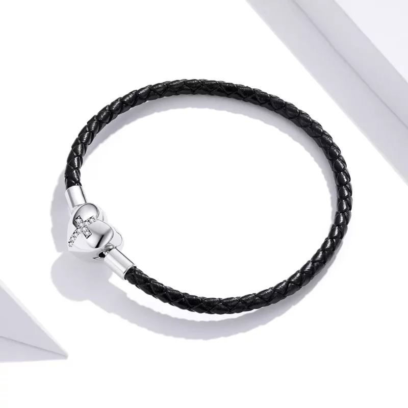 (imagen para) Pulsera de cuero estilo Pandora con cruz de bautizo en plata - SCB205 - Ver 3