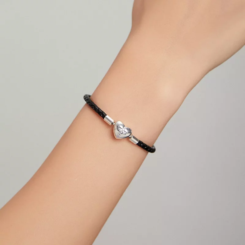 (imagen para) Pulsera de cuero estilo Pandora con cruz de bautizo en plata - SCB205 - Ver 7
