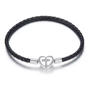 (imagen para) Pulsera de cuero estilo Pandora con cruz de bautizo en plata - SCB205