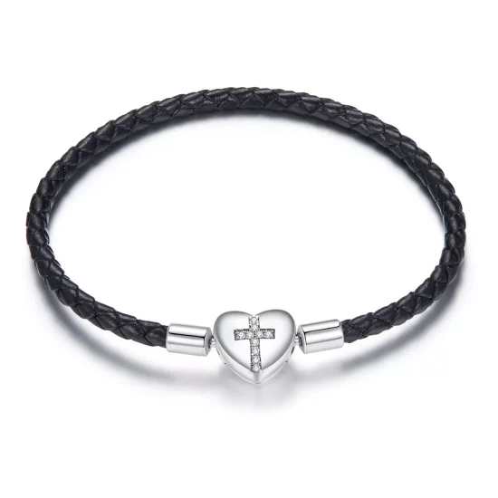 (imagen para) Pulsera de cuero estilo Pandora con cruz de bautizo en plata - SCB205