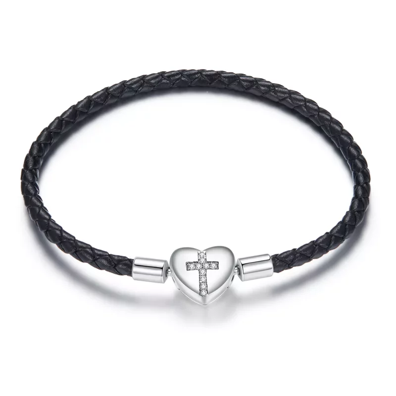 (imagen para) Pulsera de cuero estilo Pandora con cruz de bautizo en plata - SCB205
