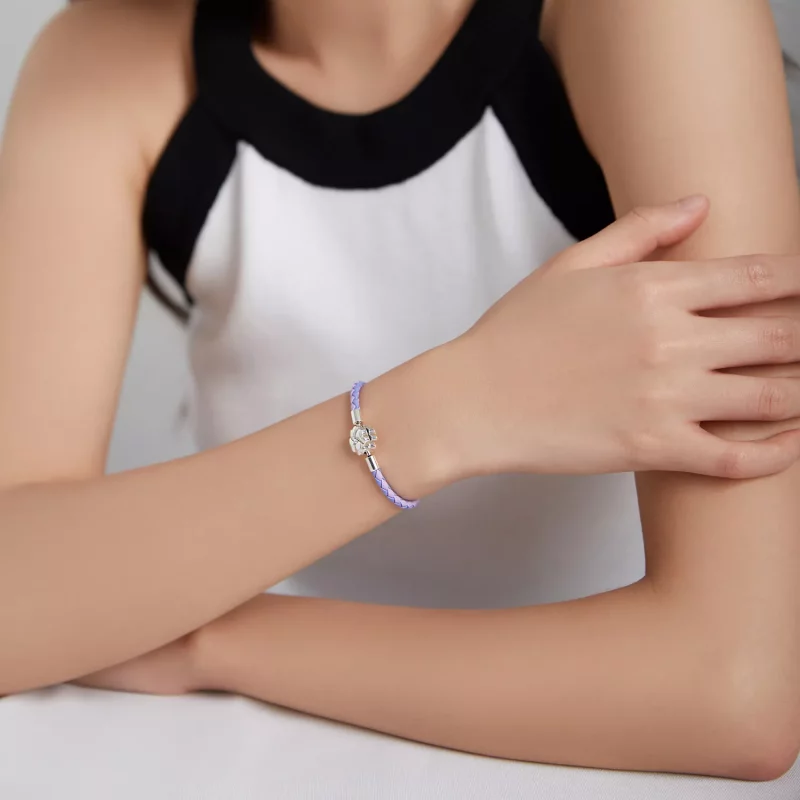 (imagen para) Pulsera de cuero estilo Pandora con trébol de la suerte en plata - SCB214 - Ver 5