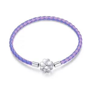 (imagen para) Pulsera de cuero estilo Pandora con trébol de la suerte en plata - SCB214