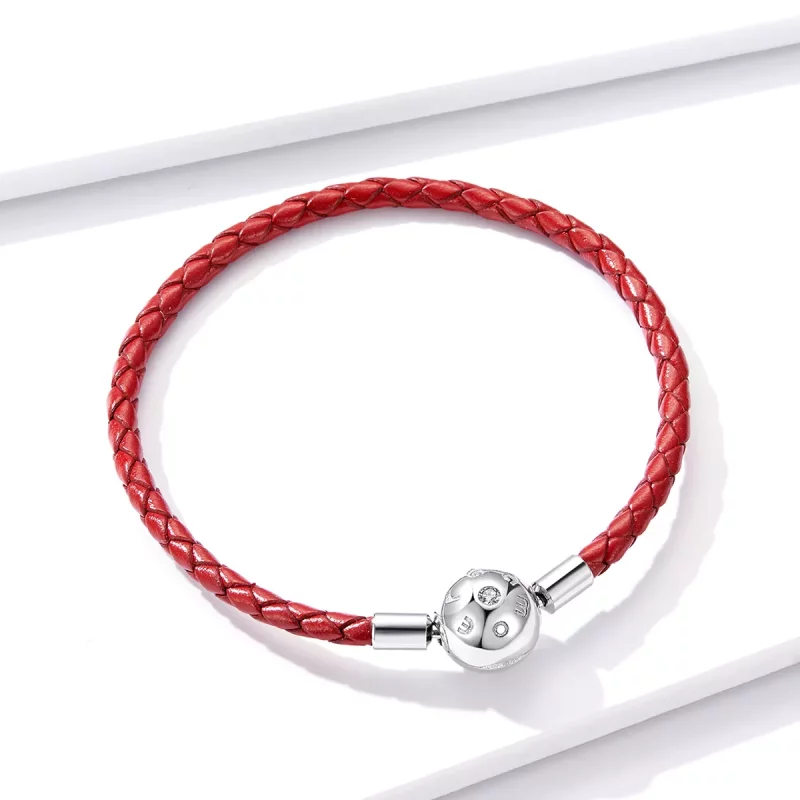 (imagen para) Pulsera de cuero rojo estilo Pandora en plata - BSB042 - Ver 2