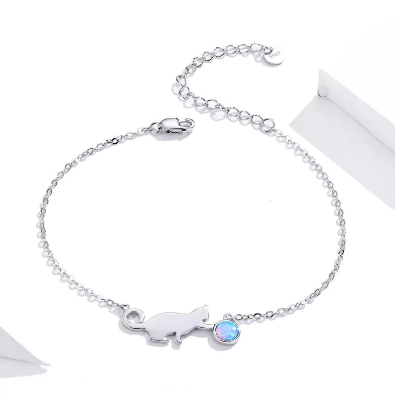 (imagen para) Pulsera de estilo Pandora con gato y ópalo - SCB175 - Ver 2