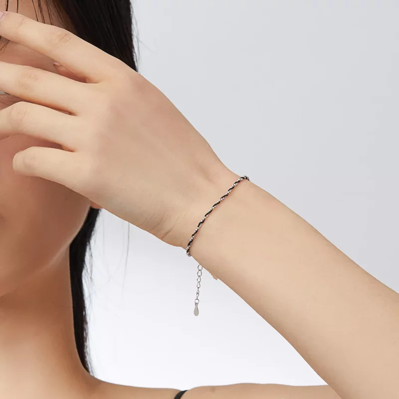 (imagen para) Pulsera de estilo Pandora de plata y cuerda negra - SCB173-Bk - Ver 2