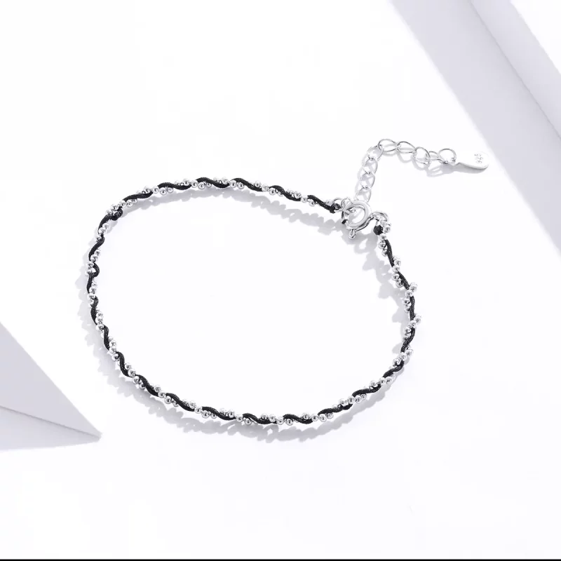 (imagen para) Pulsera de estilo Pandora de plata y cuerda negra - SCB173-Bk - Ver 3