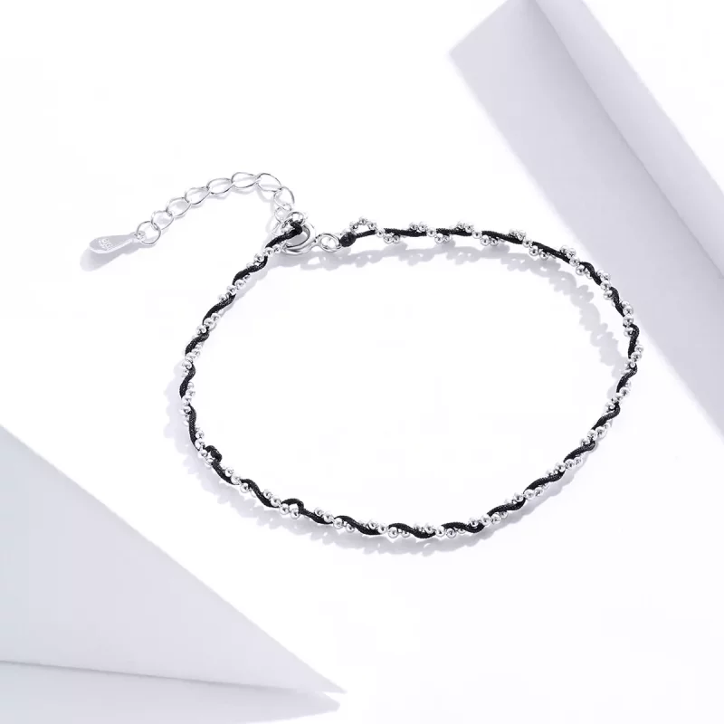 (imagen para) Pulsera de estilo Pandora de plata y cuerda negra - SCB173-Bk - Ver 4
