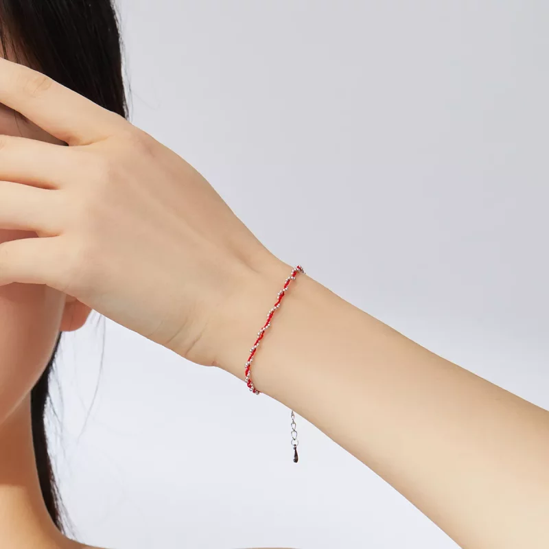 (imagen para) Pulsera de estilo Pandora en plata y cuerda roja - SCB173-Rd - Ver 3