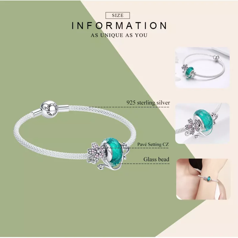 (imagen para) Pulsera de malla Sakura y cuenta de vidrio verde plateado estilo Pandora - SCB82 - Ver 3