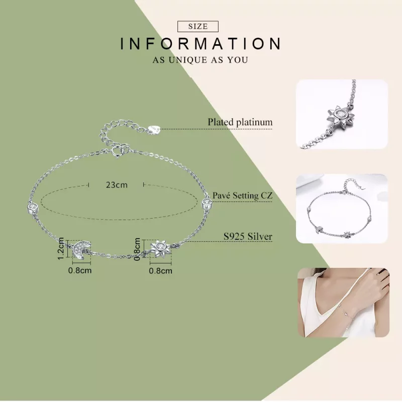 (imagen para) Pulsera deslizable con cadena de luna, sol y estrellas de estilo Pandora en plat - Ver 4