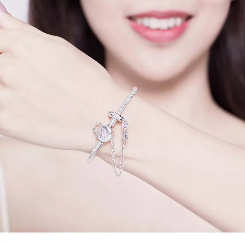 (imagen para) Pulsera deslizable estilo Pandora con corazones y llave de plata - SCB143 - Ver 2